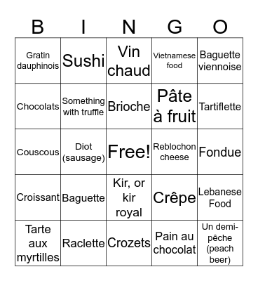 French Food and Drink Bingo Card