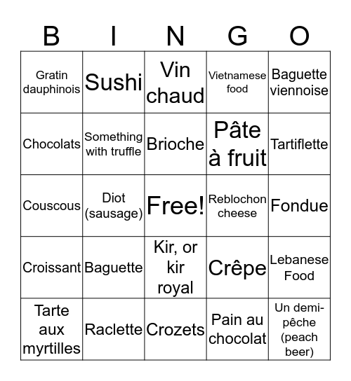 French Food and Drink Bingo Card