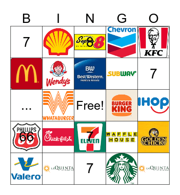 Road Trip Stops! Bingo Card
