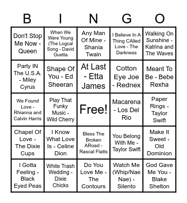 Songs to Dance To Bingo Card