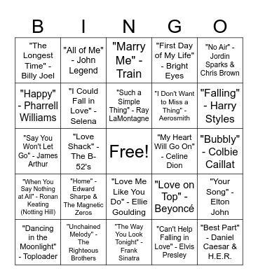 Valentine's Day Songs Bingo Card
