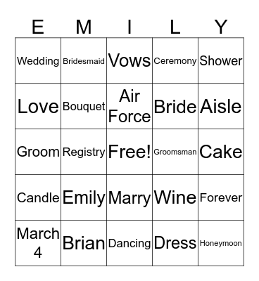 Shower Bingo Card