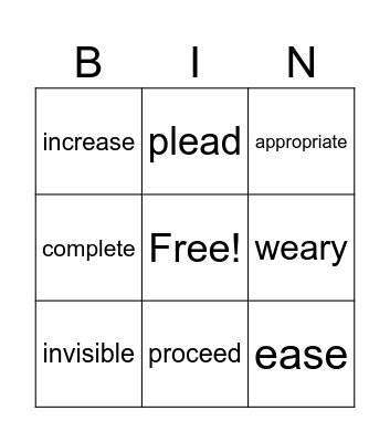 Vocabulary Jan. 19 - 25 Bingo Card