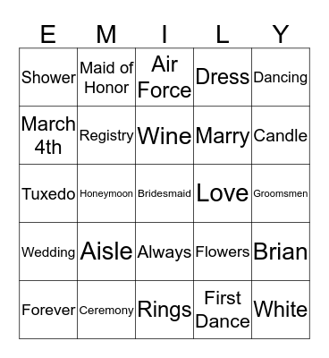 Shower Bingo Card