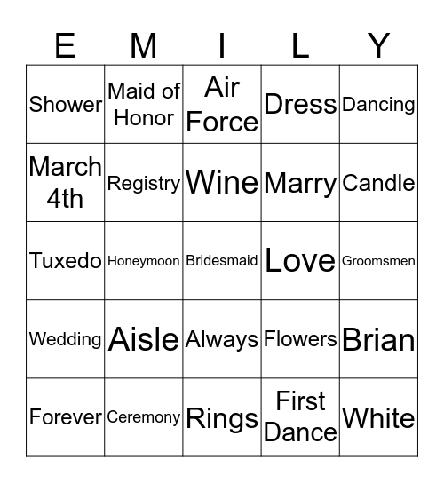 Shower Bingo Card