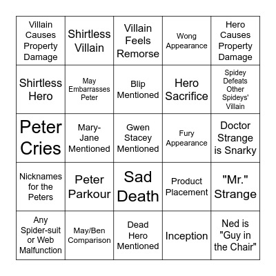 Spider-Man No Way Home Bingo Card