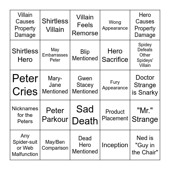 Spider-Man No Way Home Bingo Card