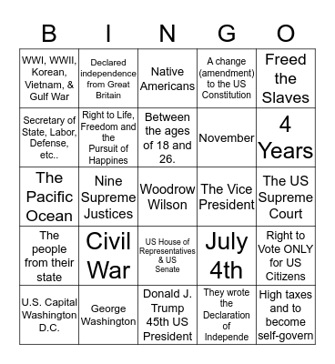 1-25 Questions Civics Bingo Card