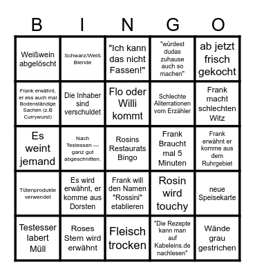 Rosins Restaurant Bingo Card