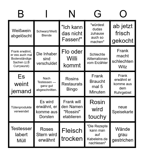 Rosins Restaurant Bingo Card