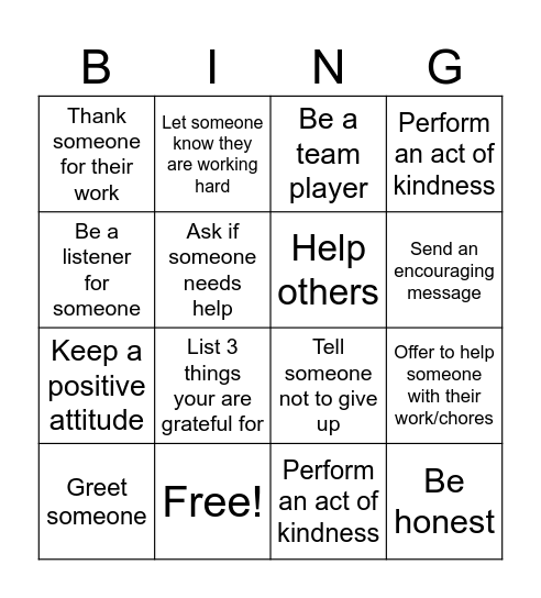 Encouragement BINGO Card