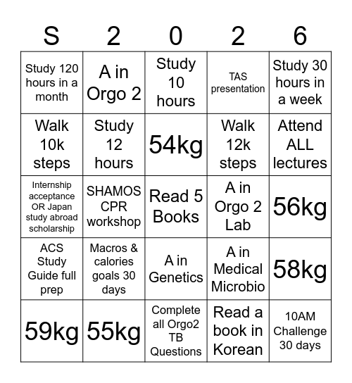 Spring 2026 Semester Jan - May Bingo Card
