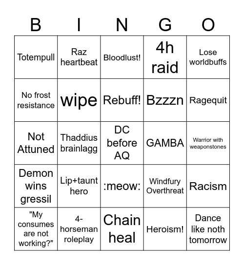 Prepatch naxx Bingo Card