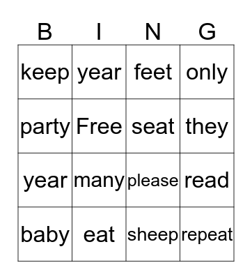 EE and EA Spelling Bingo Card
