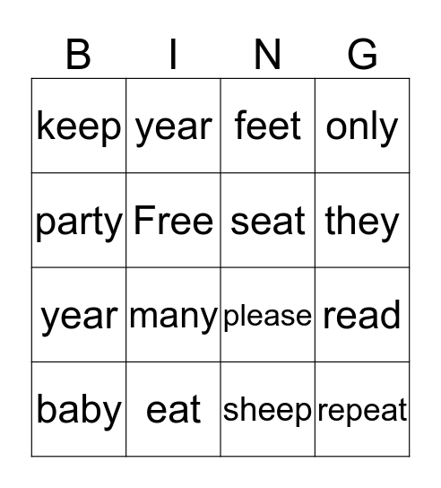 EE and EA Spelling Bingo Card