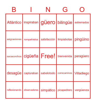 Palabras 1 Rojo Bingo Card