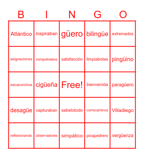 Palabras 1 Rojo Bingo Card
