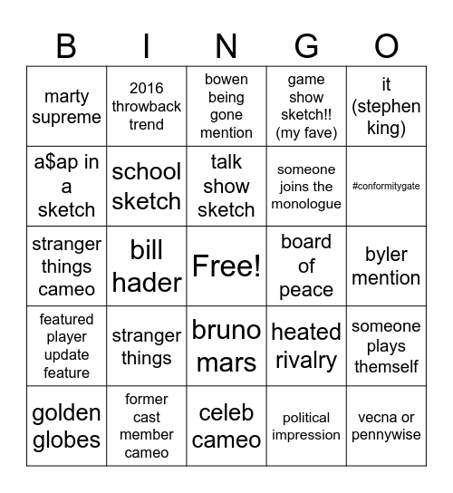 finn snl 1/17/26 Bingo Card