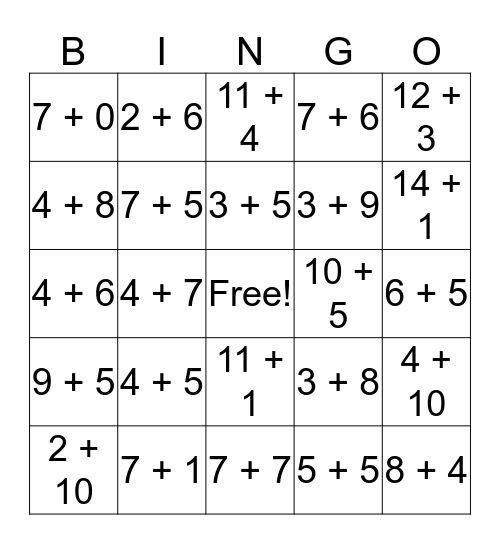 Math Facts Bingo Card