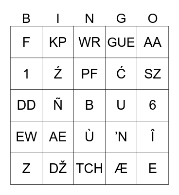 Foreign Language Letters Bingo Card