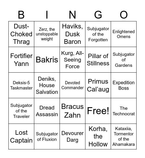 Destiny Bounty Hunt Bingo Card