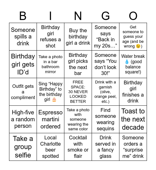 Hannah's 30th Bingo Card
