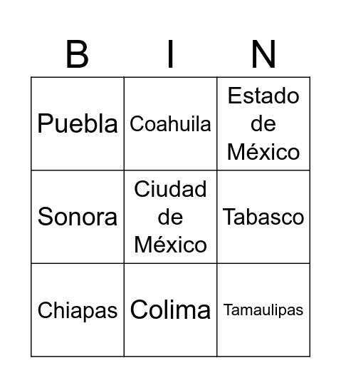 Estados de la República Mexicana Bingo Card