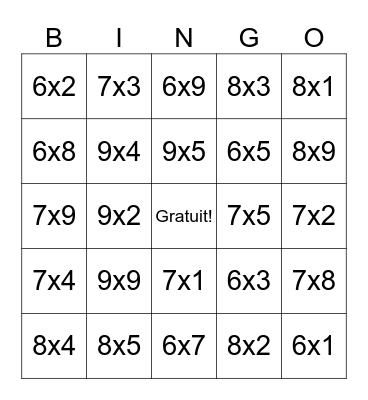Multiplication x6 x7 x8 x9 Bingo Card