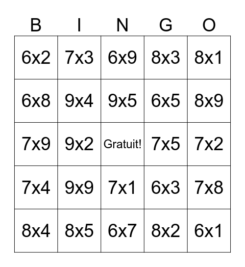 Multiplication x6 x7 x8 x9 Bingo Card