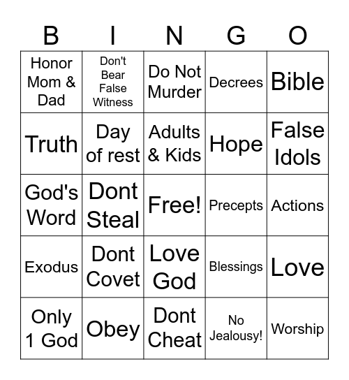 10 Commandments Bingo Card