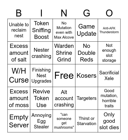 Nesting Session Bingo Card