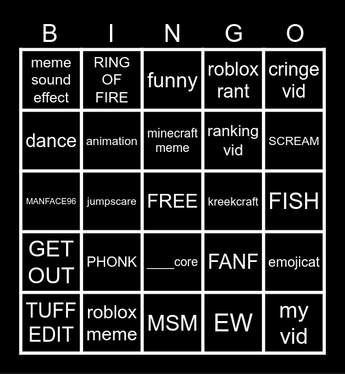 Youtube Shorts Bingo Card