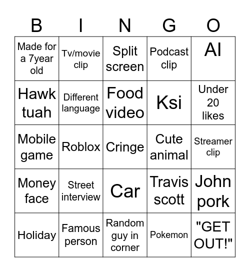 Yt shorts bingo Card