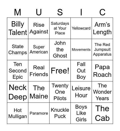 Warped Tour Lineup Bingo Card