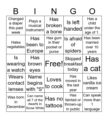 Getting to know you Bingo Card