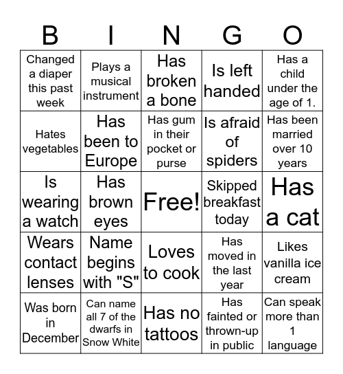 Getting to know you Bingo Card