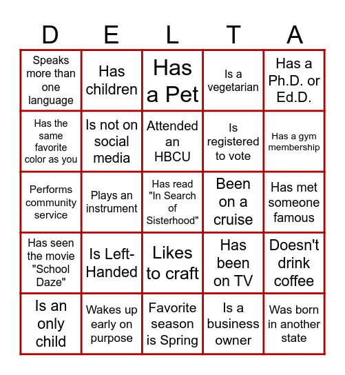 DELTA Rush BINGO Card