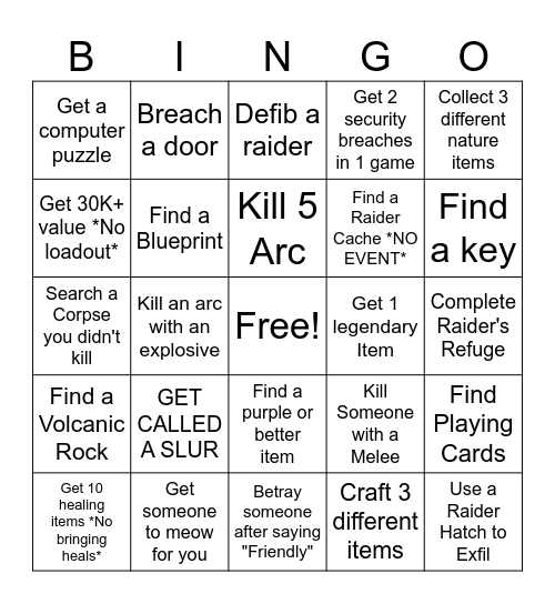 Arc Raiders BINGO Card