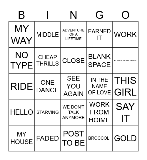TOP SONGS 10 YEARS AGO Bingo Card