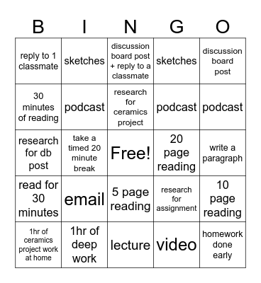 homework bingo Card
