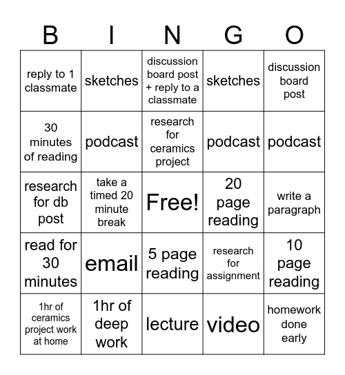 homework bingo Card