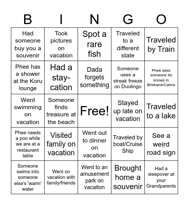 Vacation Bingo Card