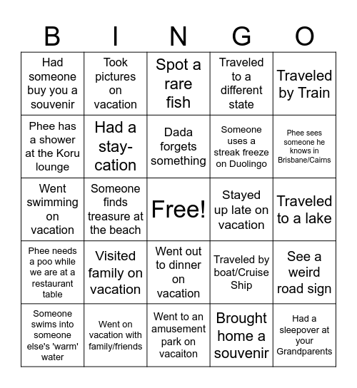 Vacation Bingo Card