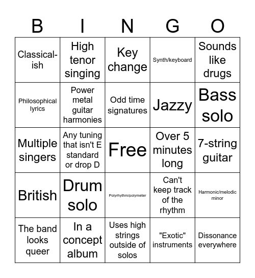 Progressive Elements in Rock/Metal Bingo Card