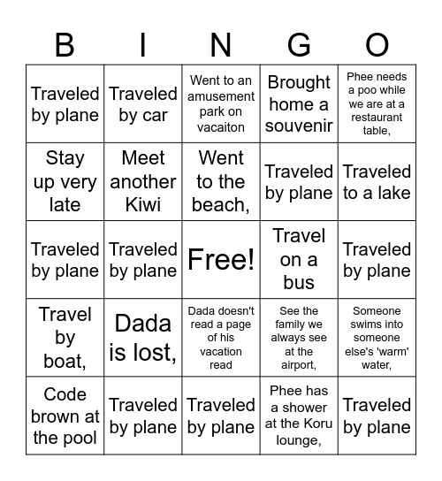 Vacation Bingo Card
