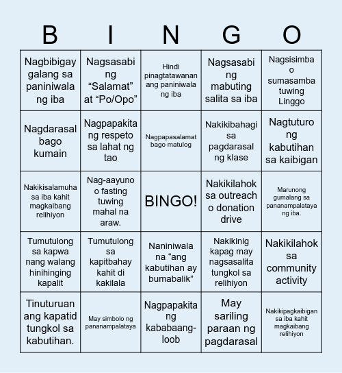 BELIEF BINGO CARD Bingo Card