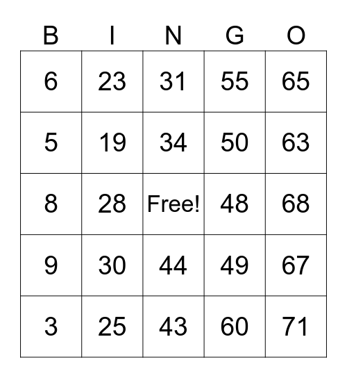 Number Bingo 1-75 Bingo Card