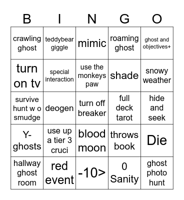 Phasmo bingo Card