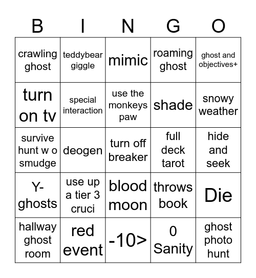 Phasmo bingo Card