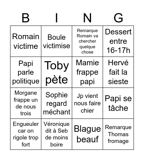 Repas de famille Bingo Card